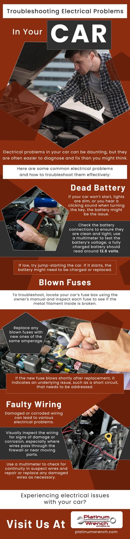 An infographic on troubleshooting car electrical problems, featuring sections on battery, fuses, and wiring issues.