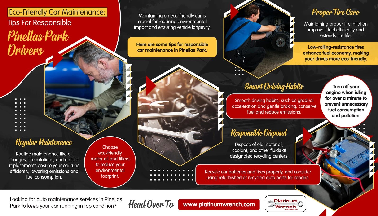 Infographic for Pinellas Park drivers on eco-friendly car maintenance, featuring tips on repair, tire care, and disposal.