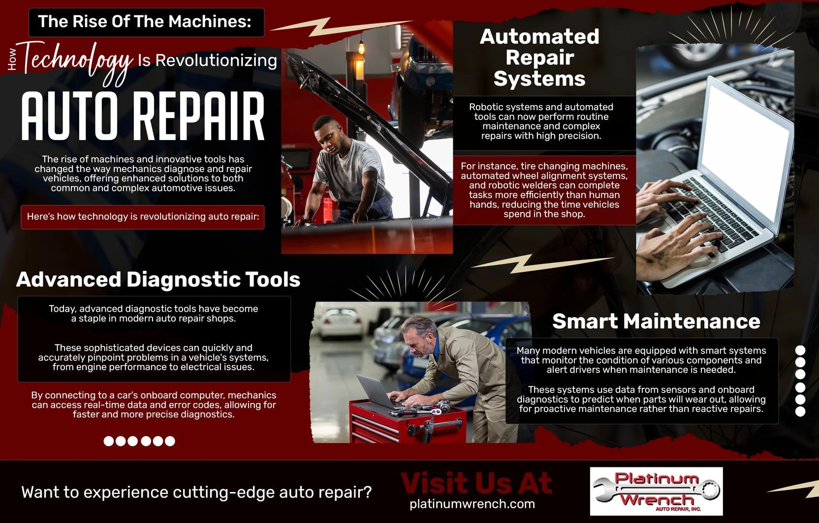 Infographic about automotive repair technology, featuring mechanics using laptops for diagnostics and maintenance.