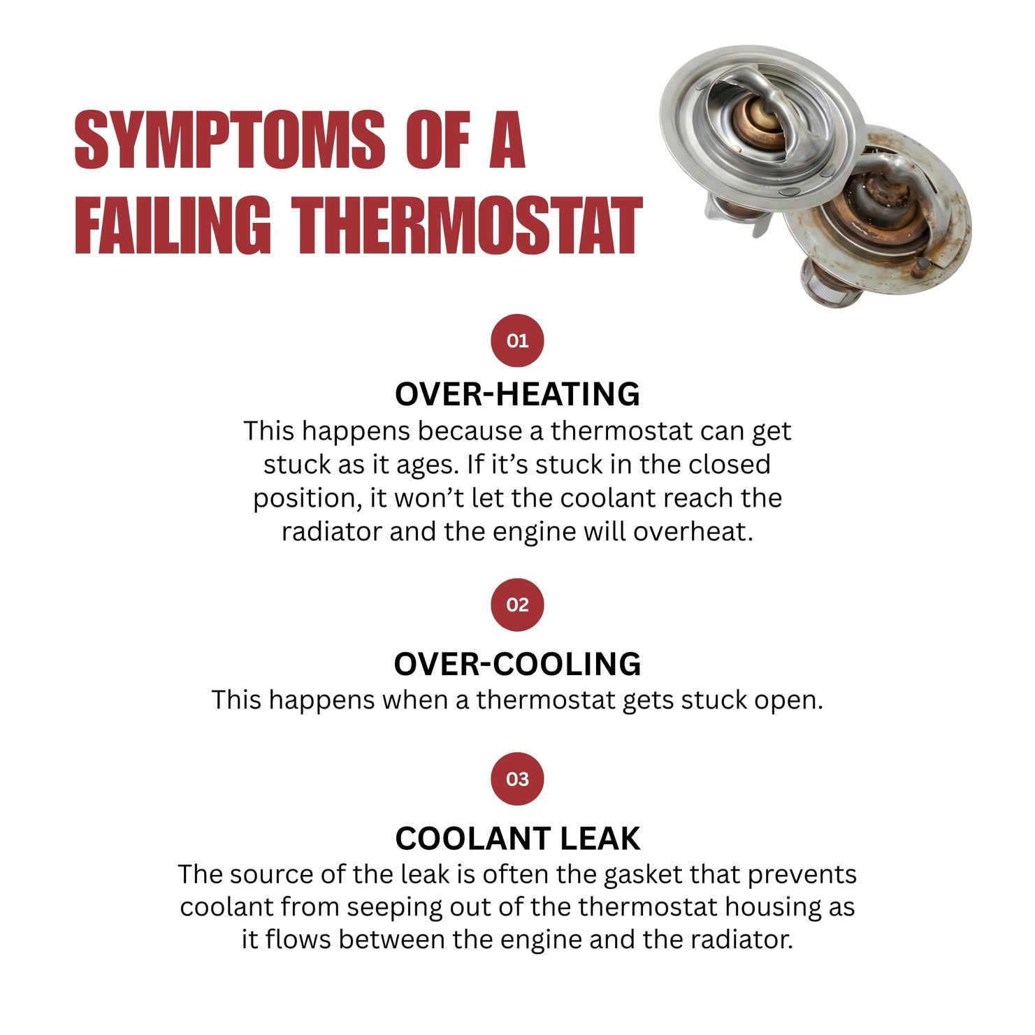 Infographic listing three symptoms of a failing car thermostat: over-heating, over-cooling, and coolant leaks.