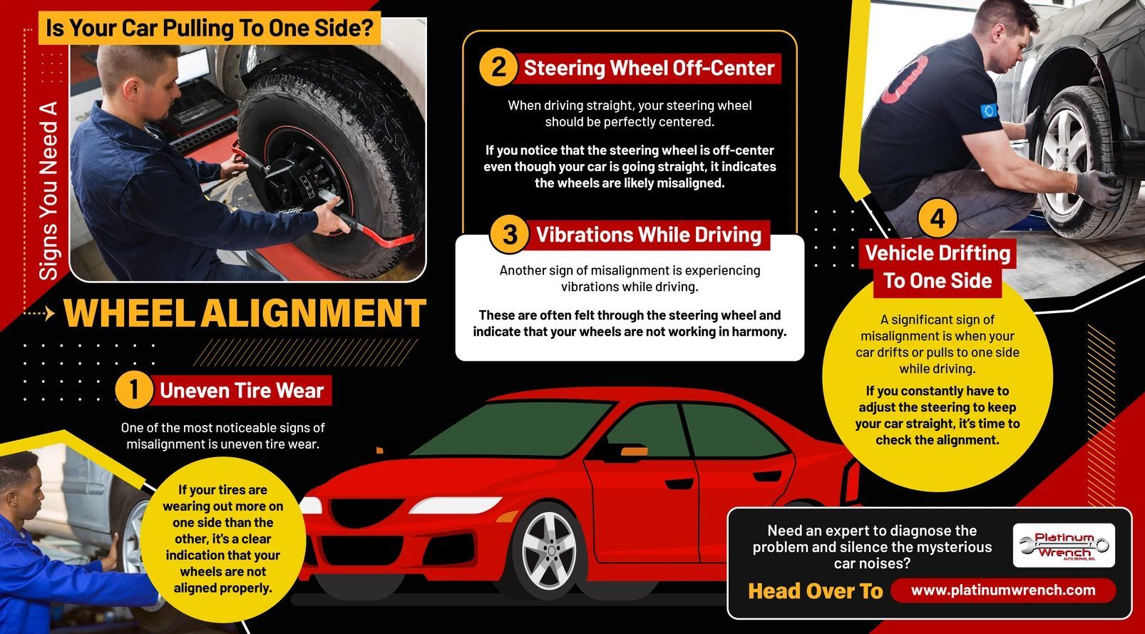 Infographic highlighting four common signs of poor wheel alignment, including tire wear, steering issues, and drifting.