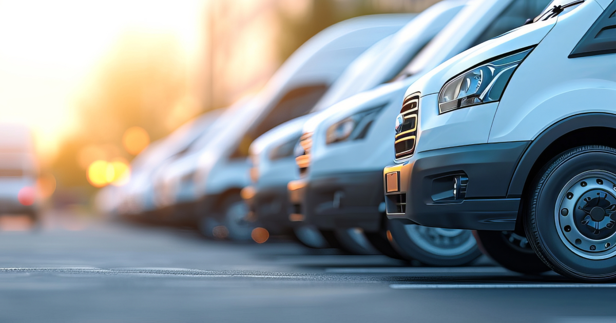 A fleet of white commercial vans parked in a row, captured from a low angle at sunset.