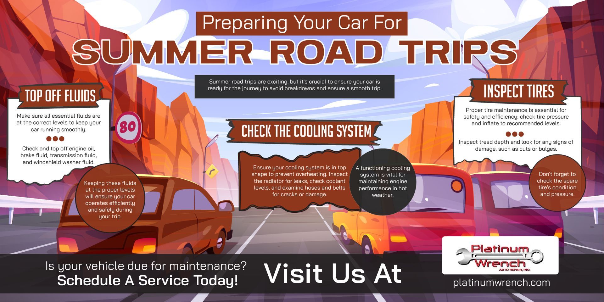 Infographic on summer road trip car maintenance with tips on fluids, tires, and cooling systems by Platinum Wrench.