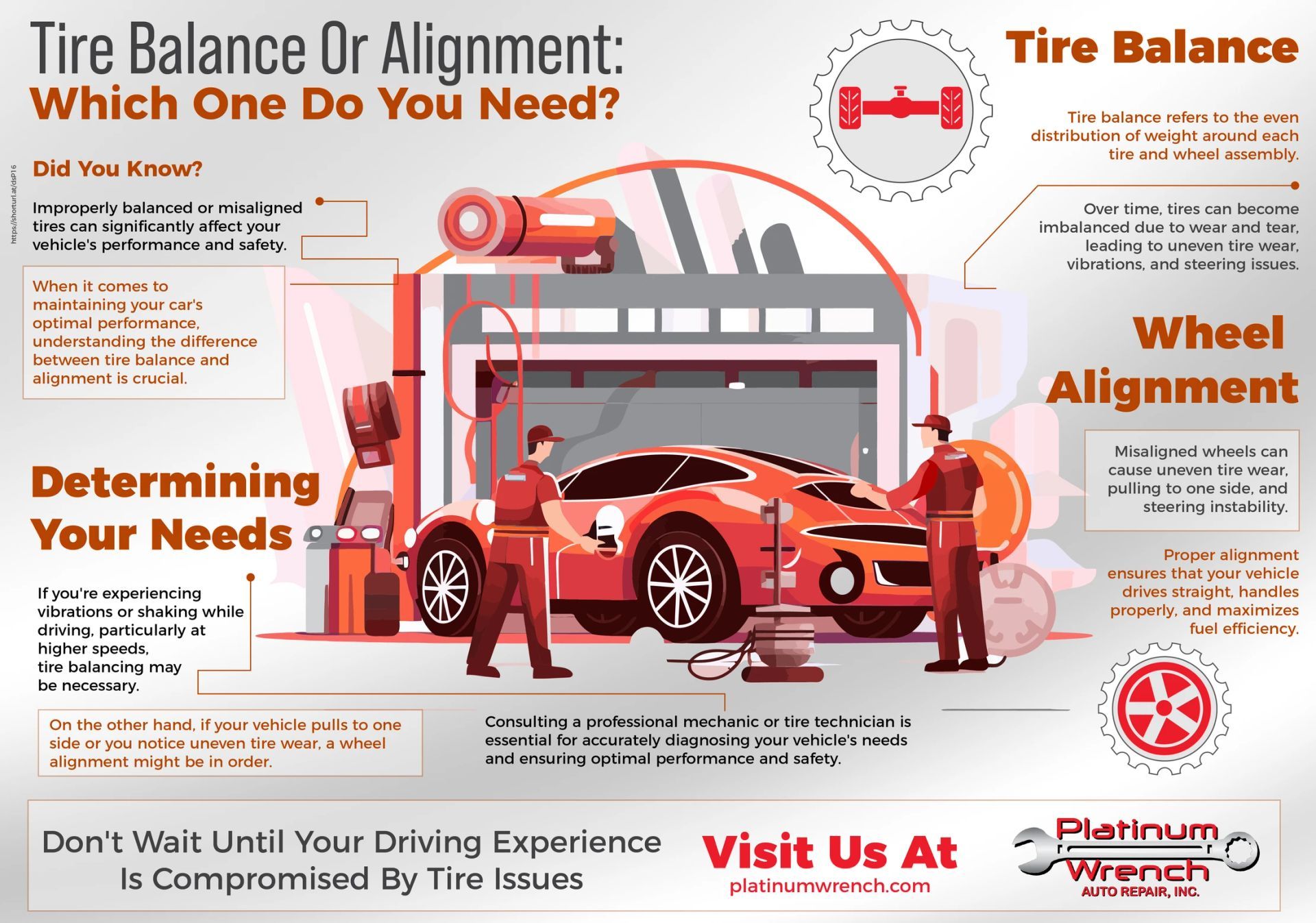 An infographic explaining the difference between tire balance and wheel alignment, featuring a car in an auto repair shop.