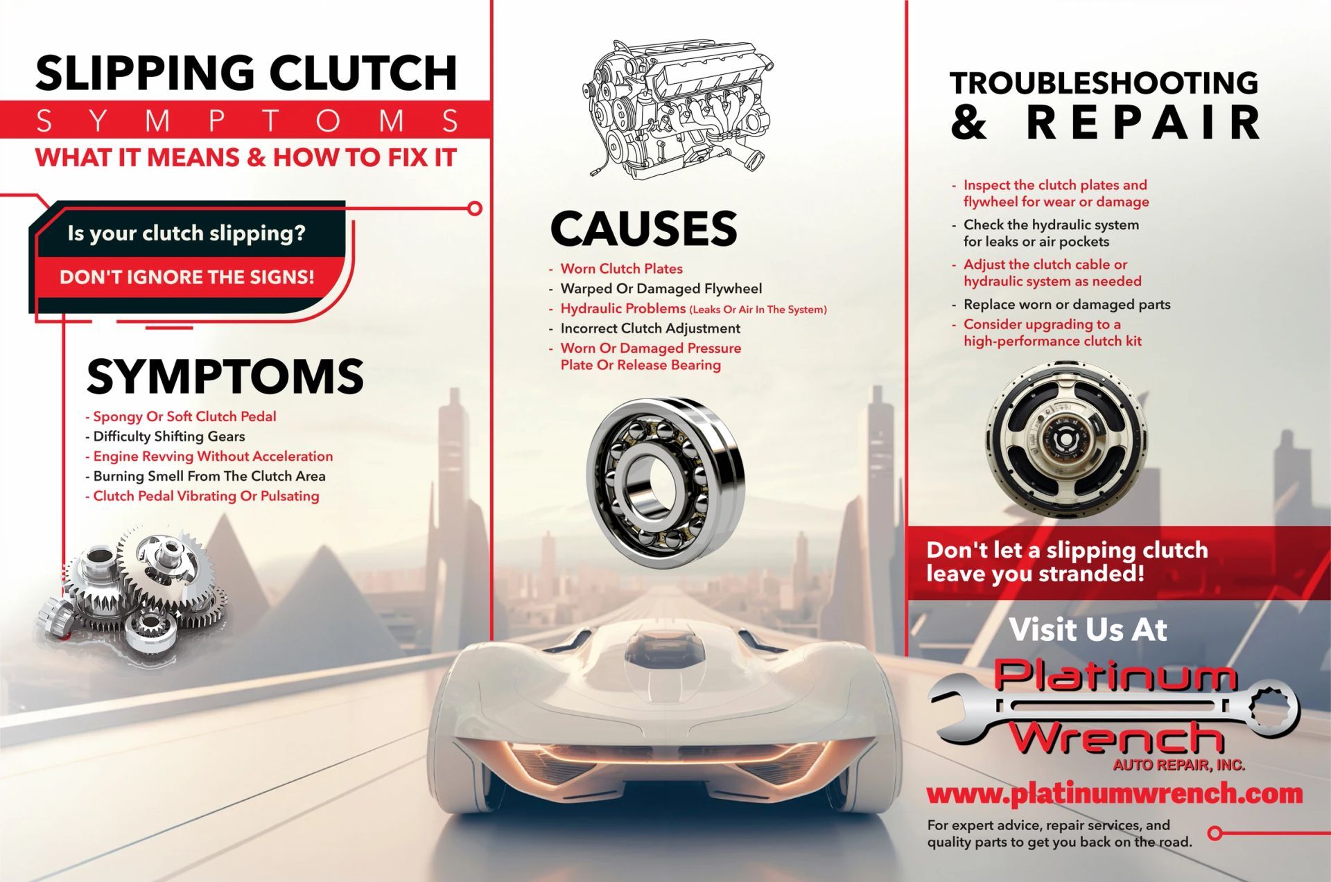 Informational brochure about slipping clutch symptoms, causes, and repairs from Platinum Wrench, set against a futuristic car.