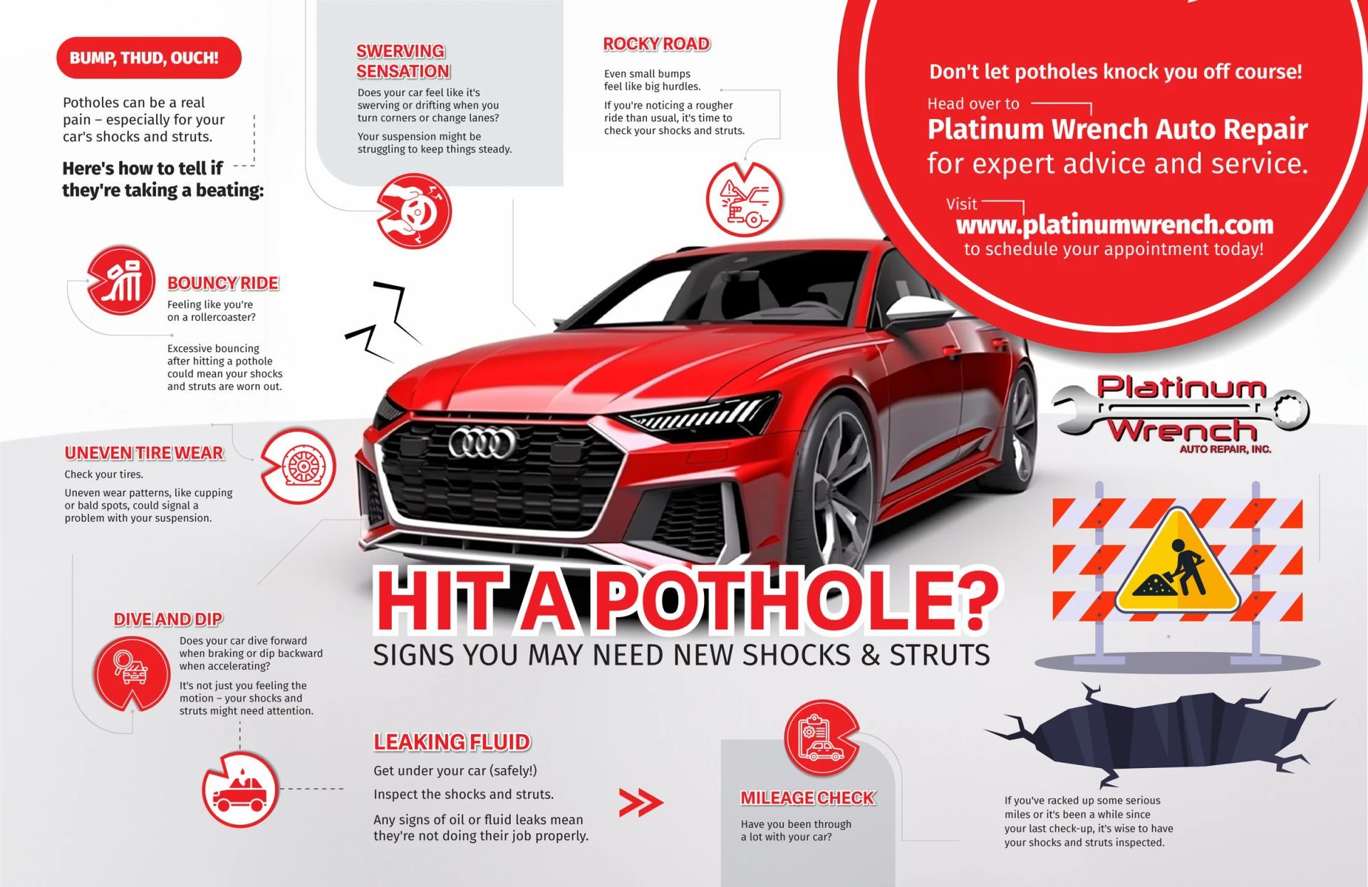 Infographic by Platinum Wrench Auto Repair listing signs of vehicle damage from potholes, featuring a red Audi center.