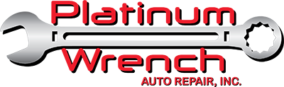 Logo for Platinum Wrench Auto Repair, Inc., featuring a silver wrench behind red text on a white background.