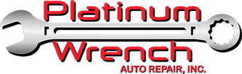 Logo for Platinum Wrench Auto Repair, Inc., featuring a silver wrench behind red text on a white background.