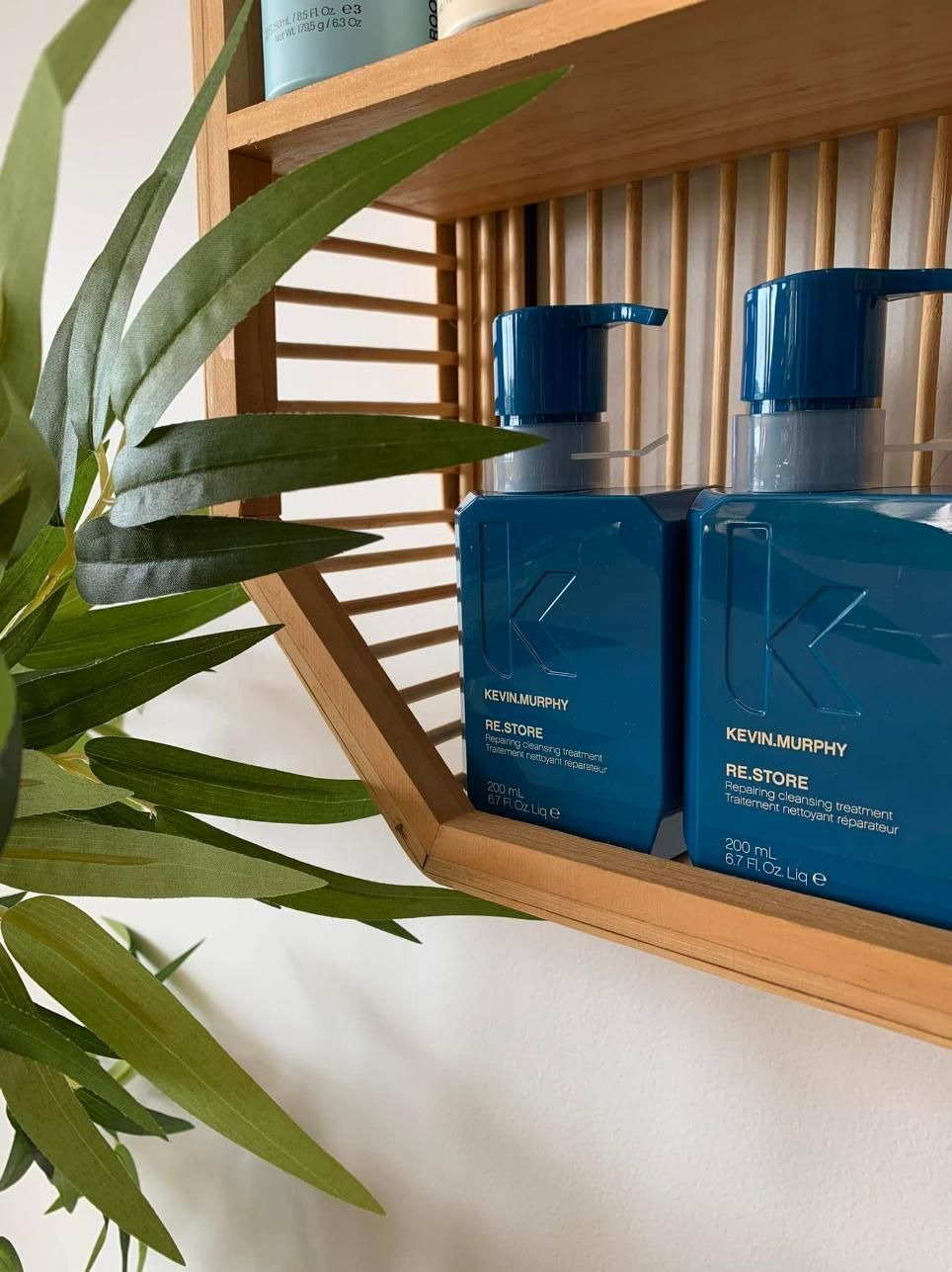 Two Blue Bottles of Shampoo Are Sitting on A Wooden Shelf Next to A Plant — Apricate & Wild Salon in Airlie Beach, QLD