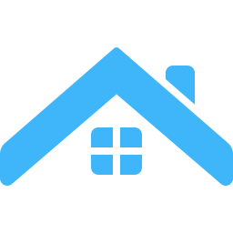 Blue house icon with a roof, window, and chimney.