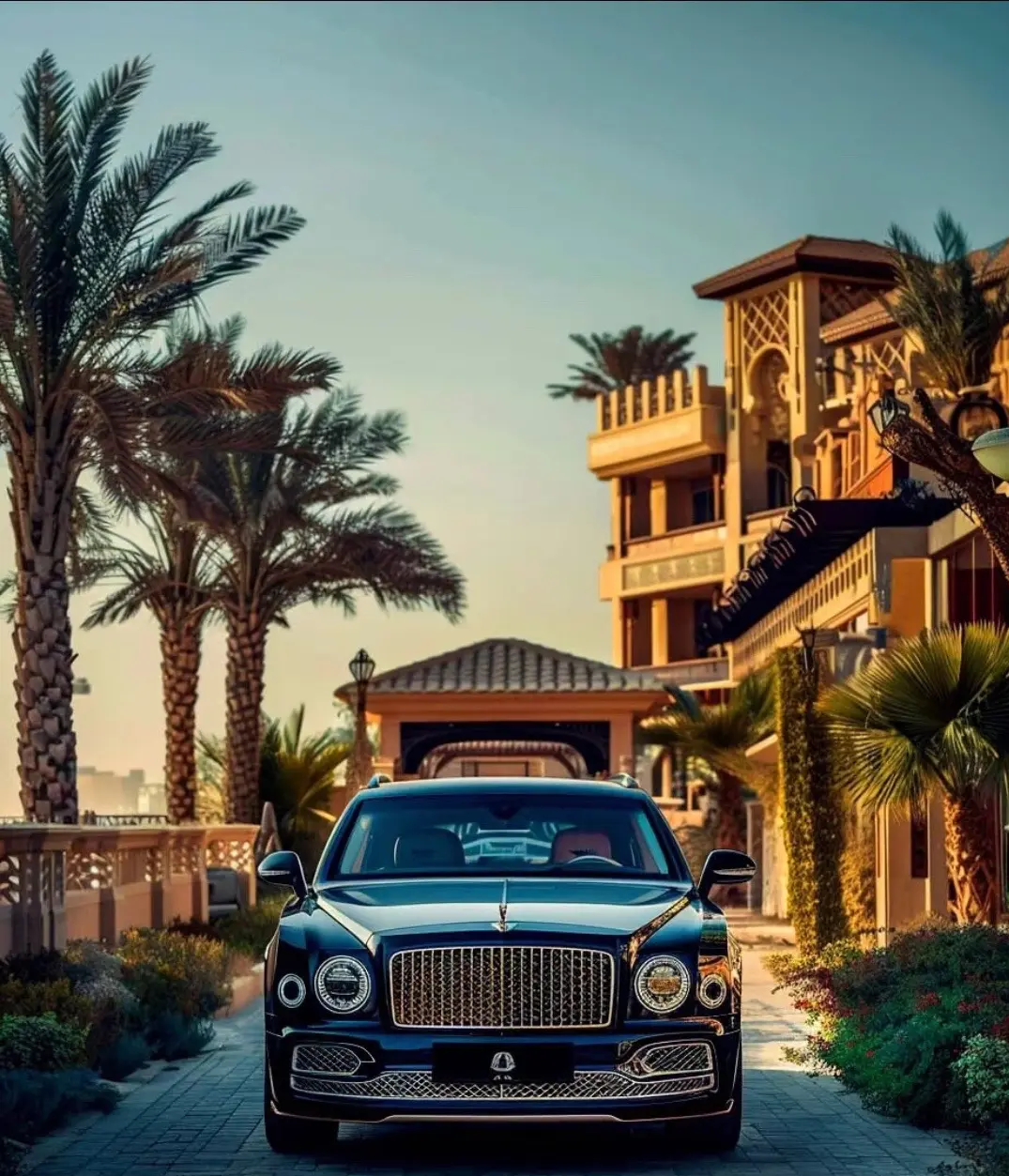 A black car is parked in front of a building with palm trees