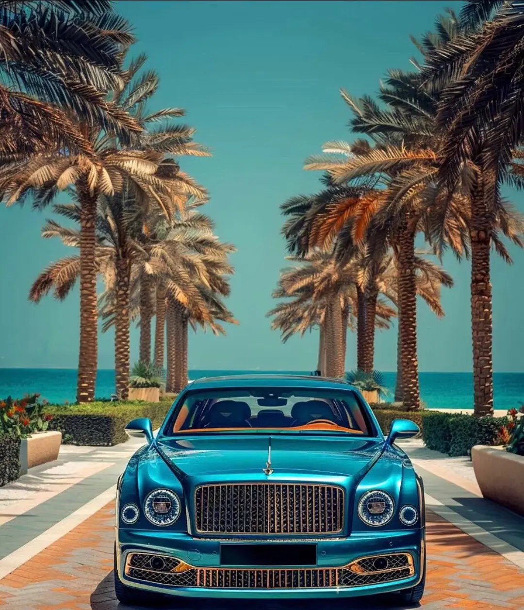 A blue car is parked in front of palm trees near the ocean.