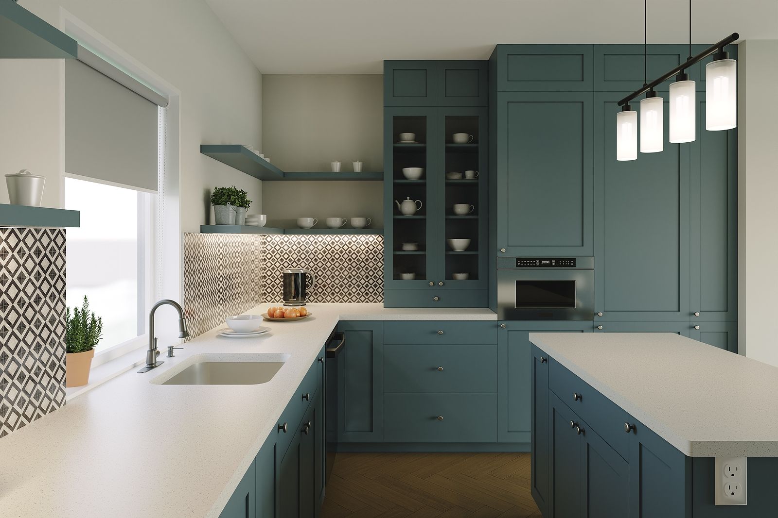 A kitchen with blue cabinets and white counter tops.