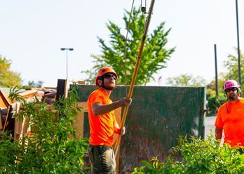 A man in an orange shirt is holding a pole in his hand.