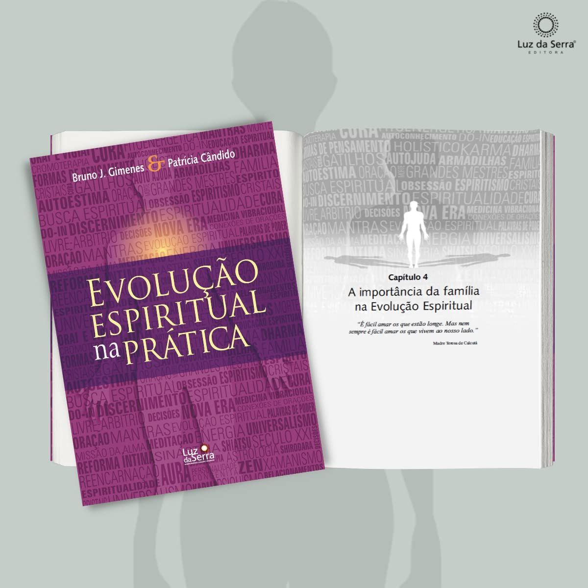 A book is open to a page that says evolucao espiritual na pratica