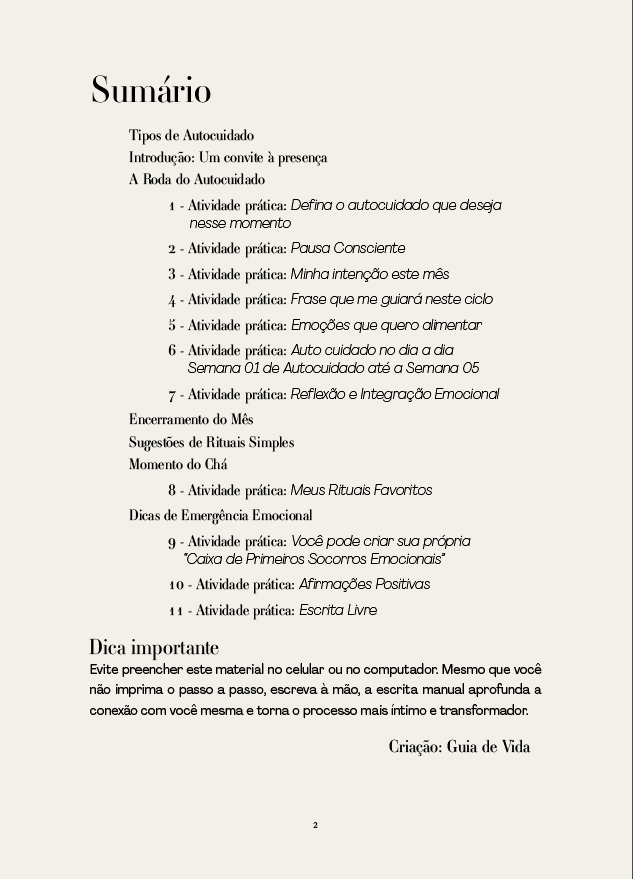Sumário intitulado 