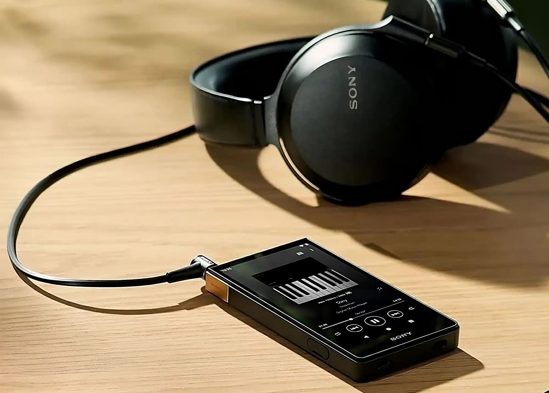 Sony NW-A306 - Walkman Hi-Res Black Sony headphones connected to a black and gold music player on a wooden surface.