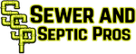 Sewer and Septic Pros logo with yellow-green pipe icon and bold black text on white background