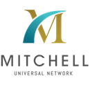 A logo for mitchell universal network with a blue and gold letter m