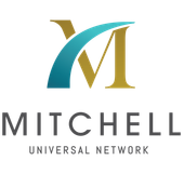 A logo for mitchell universal network with a blue and gold letter m