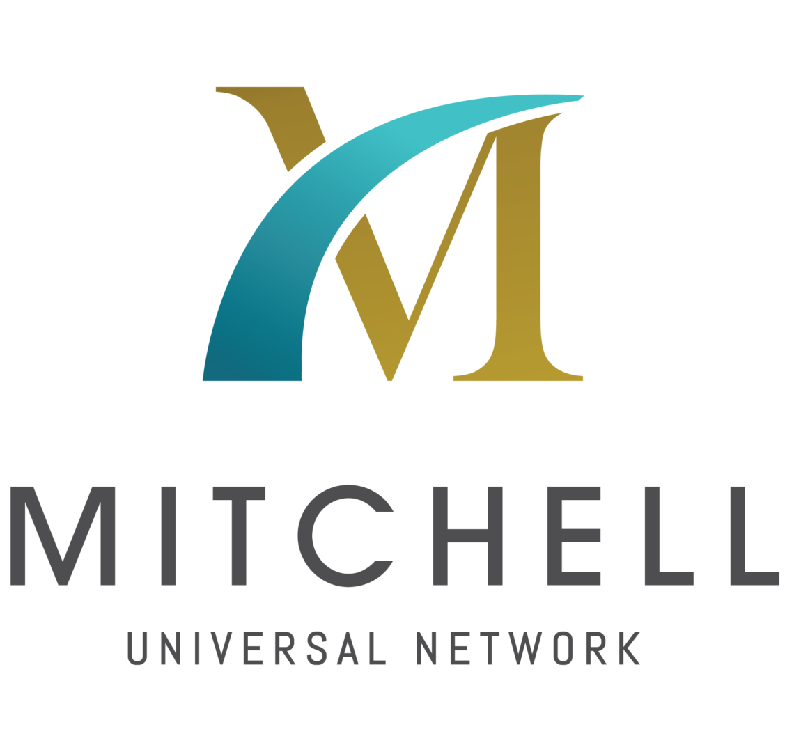 A logo for mitchell universal network with a blue and gold letter m