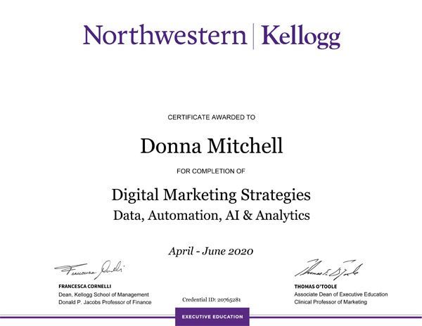 A northwestern kellogg certificate for donna mitchell