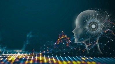A silhouette of a robot 's head with a circuit board in the background.