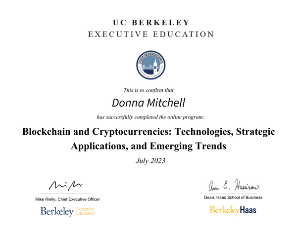 A certificate from uc berkeley executive education for donna mitchell