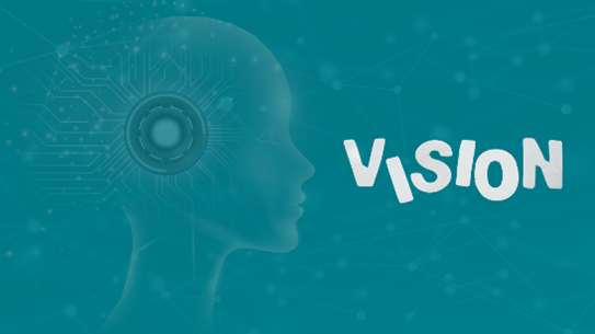 A blue background with a silhouette of a person 's head and the word vision.