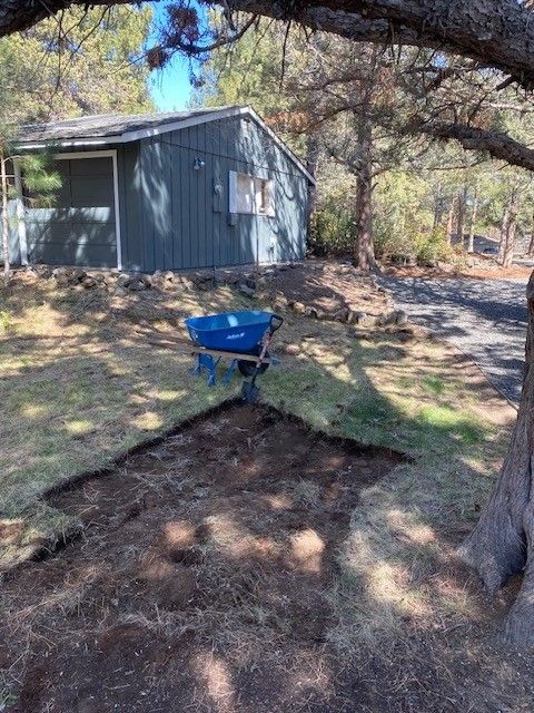 There is a ladder in the middle of the garden.