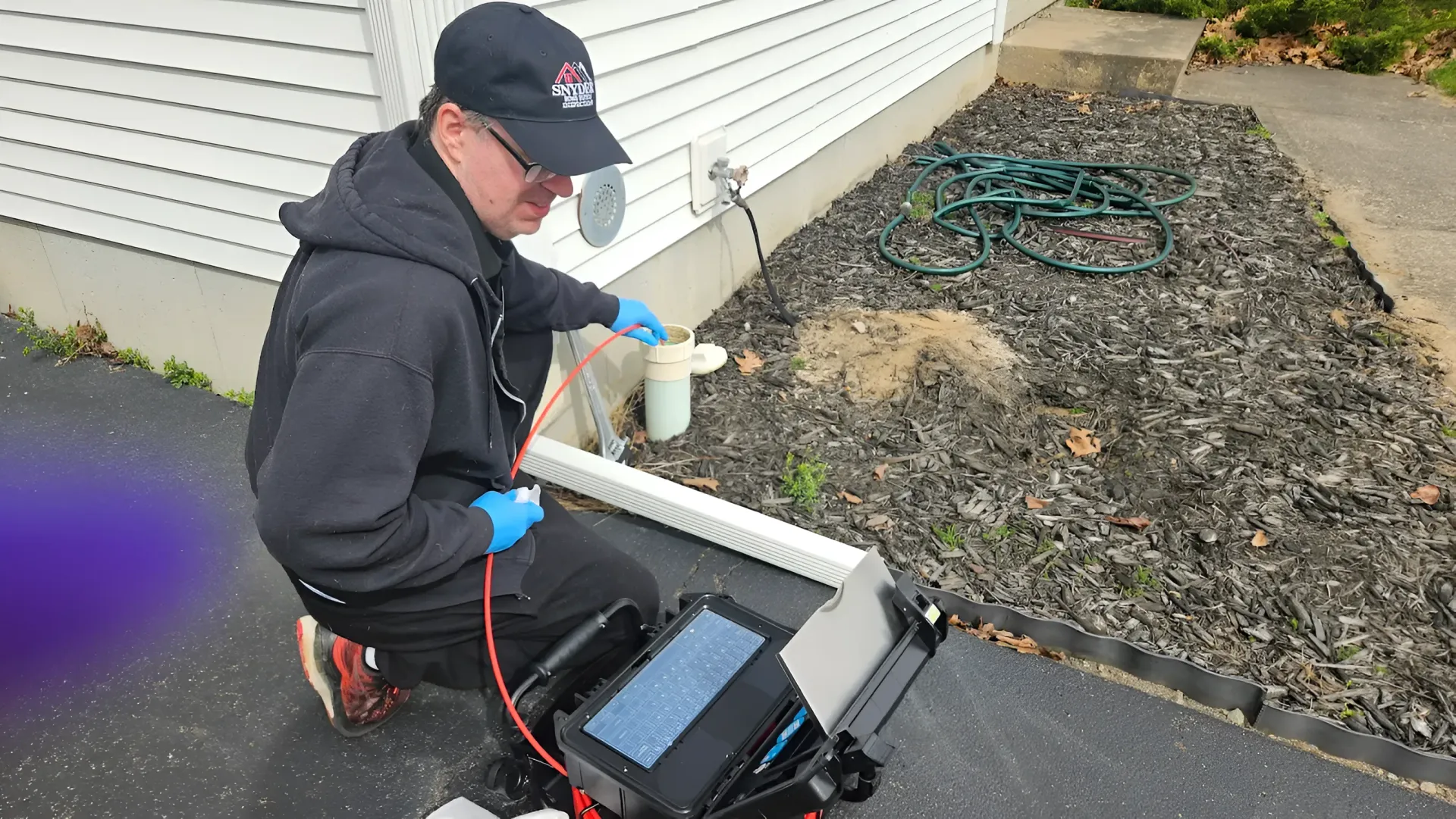 Man in a cap inspects plumbing.  He kneels by a house with a camera setup on asphalt, near a garden hose and dirt patch.