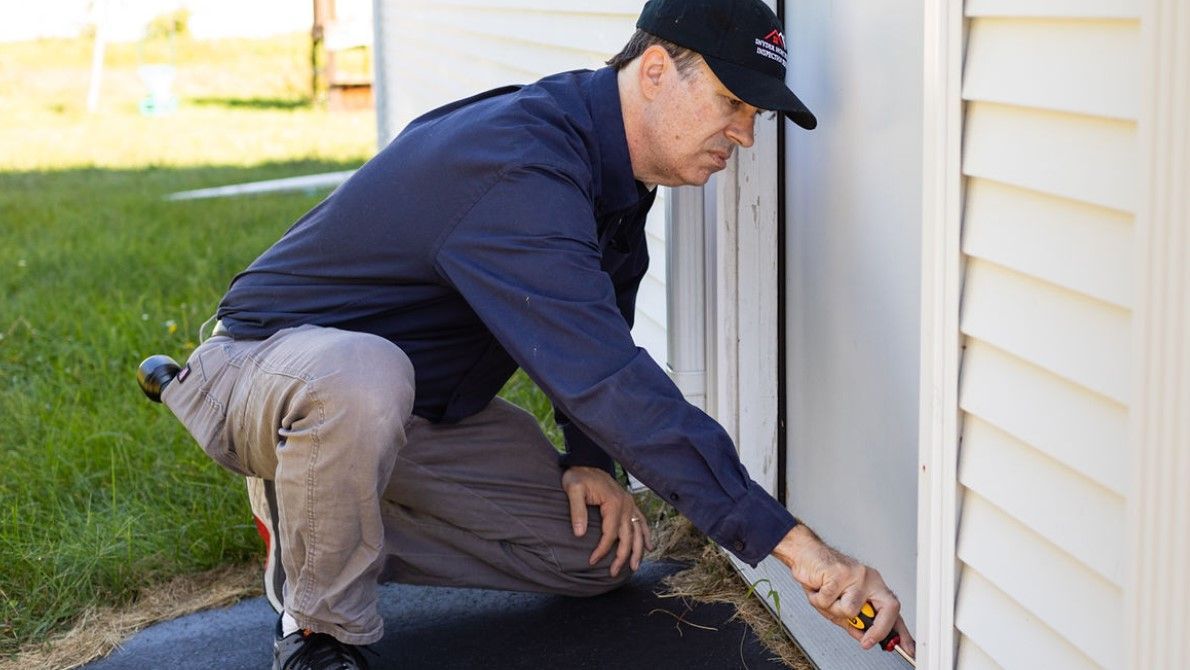 Man in a dark shirt and cap inspects the side of a house, using a yellow tool; outside on the grass.