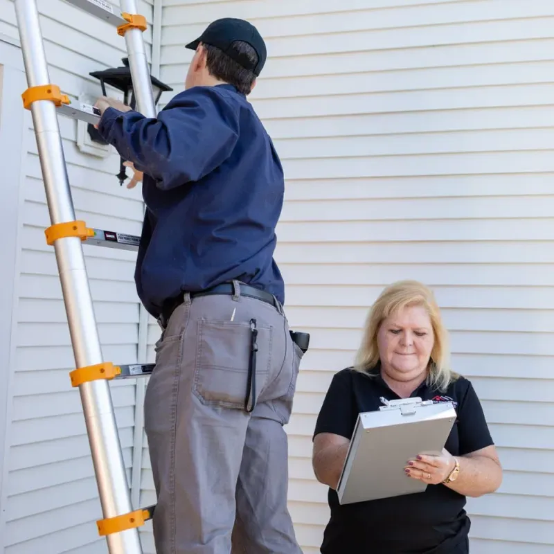 Man on a ladder inspecting a wall, woman with clipboard watches. Exterior of a building.