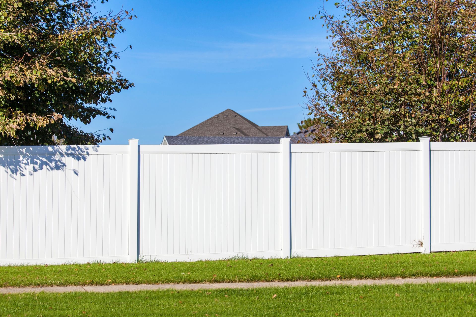 Bright white vinyl fence enclosing a wide open backyard space.