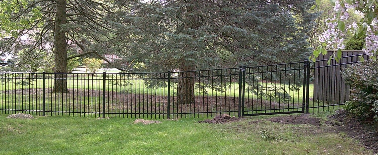 A black wrought iron fence surrounds trees in a grassy yard.