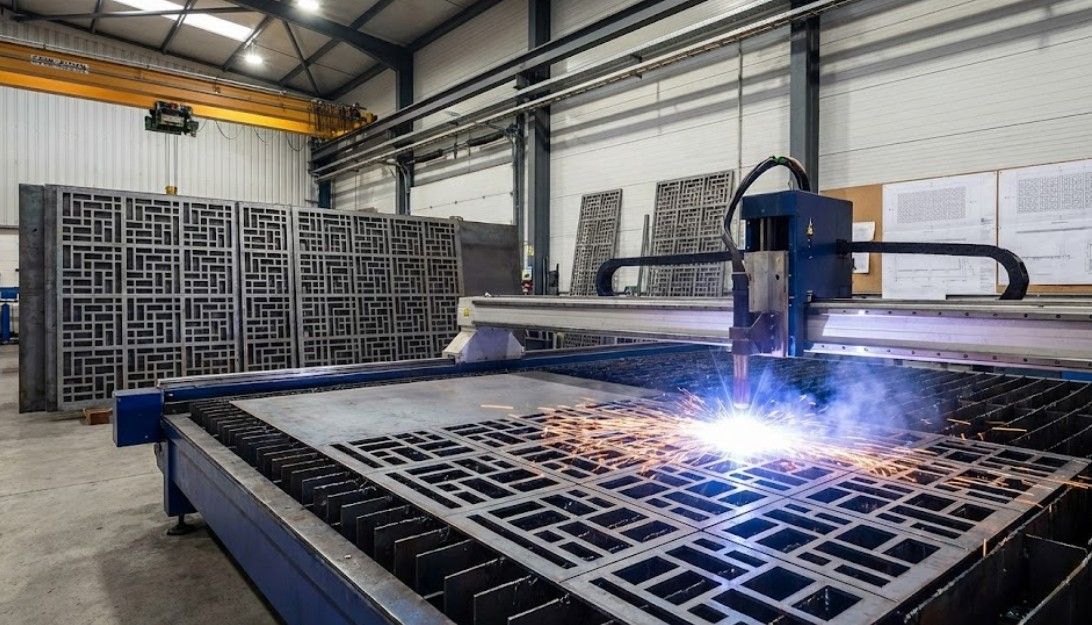 CNC plasma cutting large architectural metal panel with geometric pattern for Nottingham commercial building project