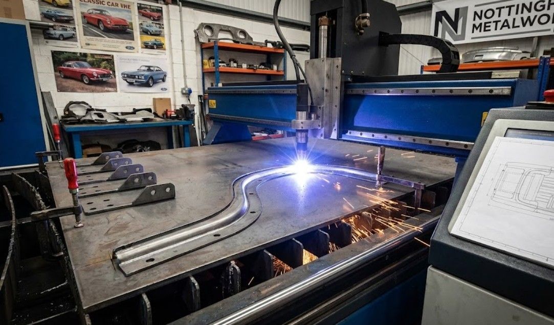 CNC plasma cutting machine fabricating custom automotive bracket for classic car restoration in Nottingham