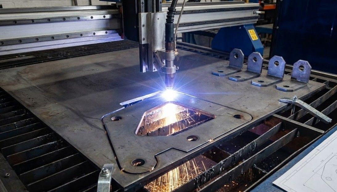 CNC plasma cutting machine fabricating precision metal component with accurate bolt holes in Nottingham workshop