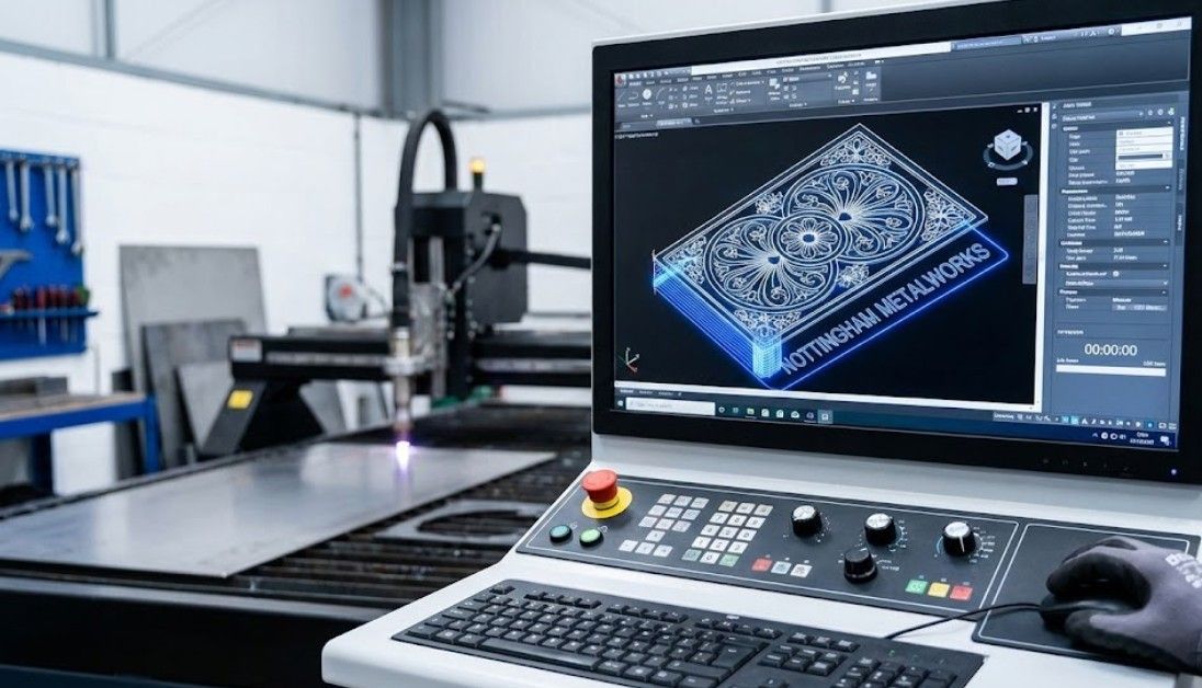 CNC programming interface showing cutting path design for plasma cutting project in Nottingham