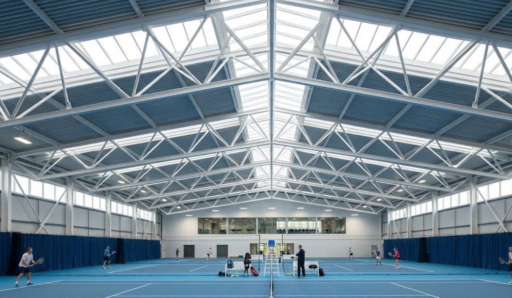 Completed steel roof truss structure in Nottingham showing clear span space and exposed truss architectural feature