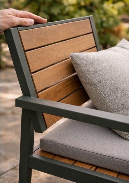 Construction and ergonomic detail of bespoke metal garden chair showing quality materials and comfortable design in Nottingham fabrication