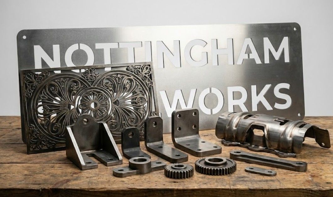 Examples of CNC plasma cutting applications including signage, decorative screens, and precision components made in Nottingham