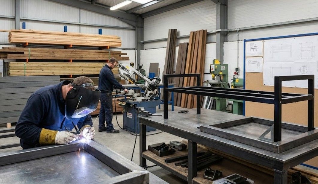 Fabricating metal frames for bespoke garden furniture in Nottingham workshop showing welding and precision steel construction