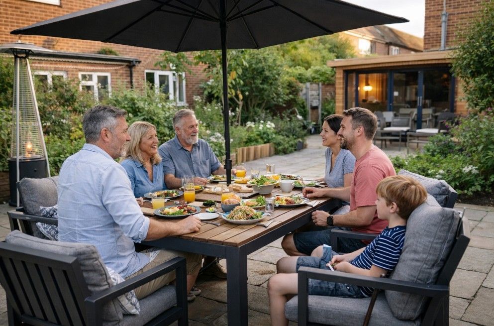 Family dining outdoors on bespoke metal and wood garden table in Nottingham garden creating memorable outdoor entertaining space