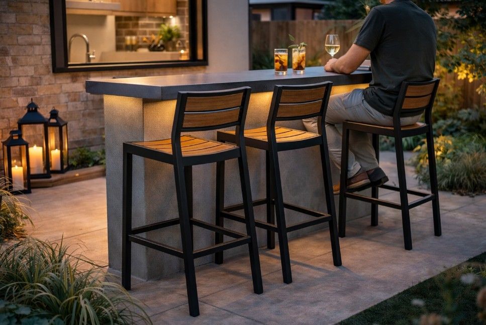 Metal bar stools with timber seats at outdoor garden bar in contemporary Nottingham patio creating stylish entertaining space
