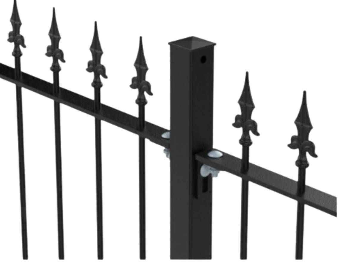 Nottingham Metalworks fleur de lis metal railings and post xlose up