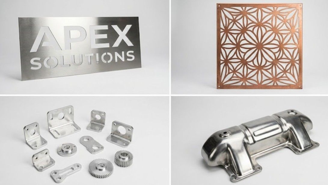 Examples of custom sheet metal fabrication including signage, decorative art, and precision parts made in Nottingham