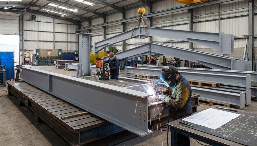 Portal frame rafter fabrication in Nottingham workshop showing welding of haunch connections and steel frame components