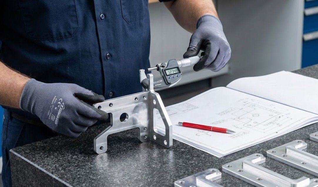 Quality control inspection of precision CNC cut metal parts using digital callipers at Nottingham Metalworks