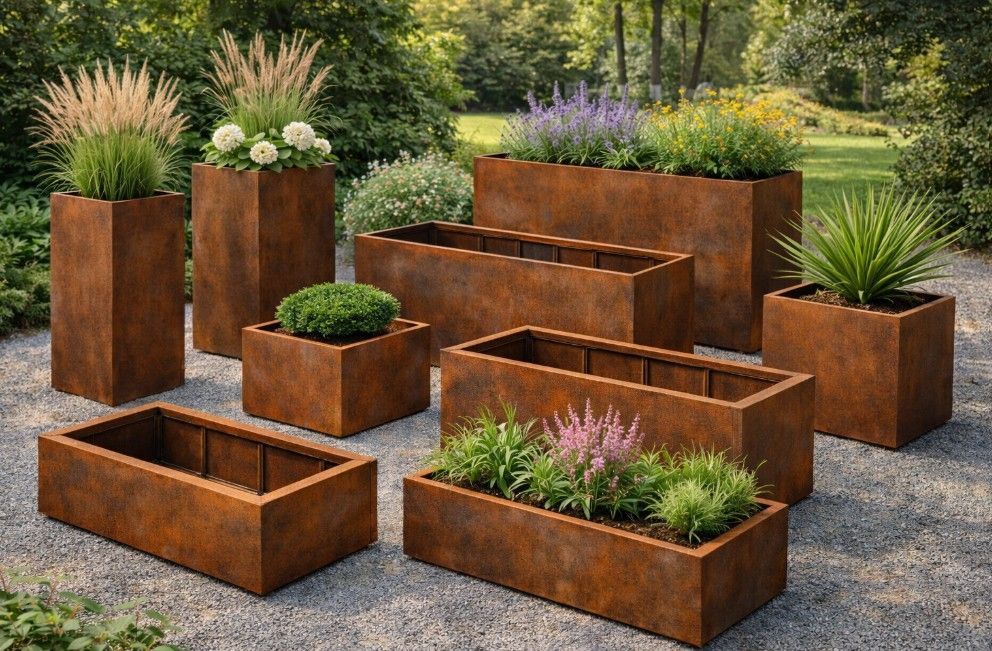 Selection of Corten steel planters designed and fabricated in Nottingham